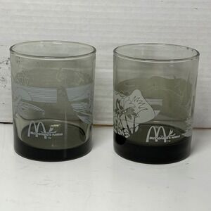 Vintage McDonalds Hawaii Smoked Glass Tumblers Etched Canoe Set of 2 Grey